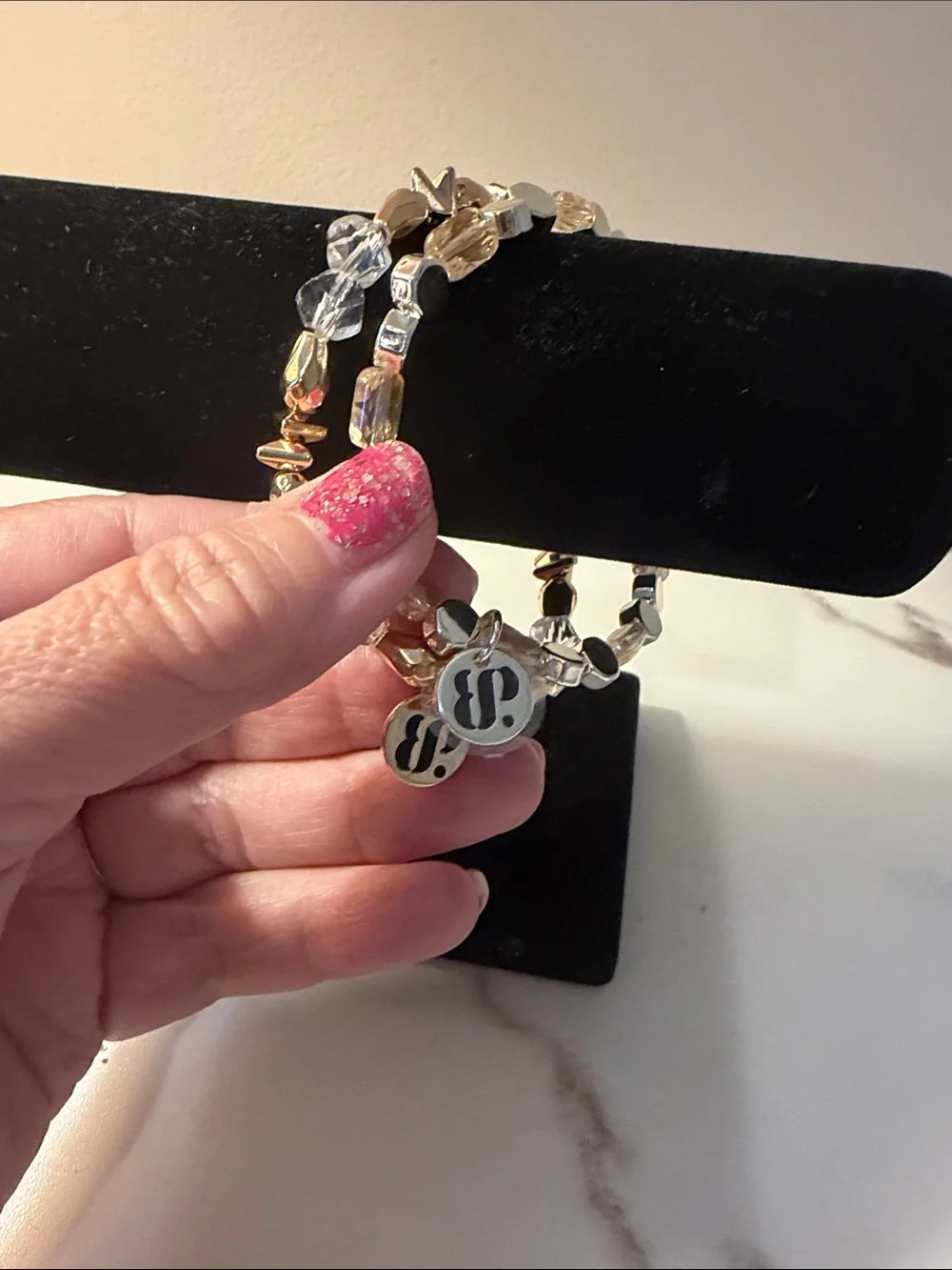 Bomb Party Gold and Clear Beaded Stacking with gold‎ and silver tone Bracelet